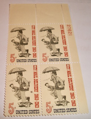 Scott #1238, City Mail Delivery 1863-1963, Pane of 4 Useable 5¢ US Postage Stamps