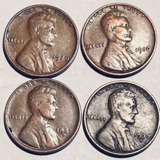 4 Different Vintage Lincoln Wheat Pennies 