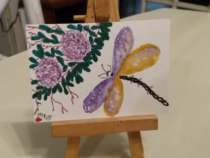 Original, Watercolor Painting " 2-1/2 X 3-1/2" ACEO Dragonfly and Flowers  by Artist Marykay Bond