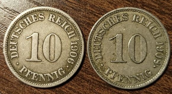 1906 & 1908 German 10 ReichPfennigs Full bold dates!