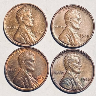 4 Vintage Lincoln Wheat Pennies - Almost Uncirculated