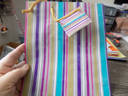 Aqua, gold, purple, pink striped gift bag and tag 9 x 7