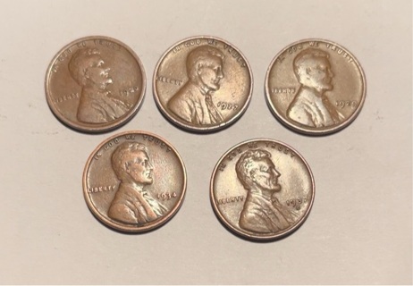 5 Different  1920’s & 30’s US Lincoln Wheat Pennies 