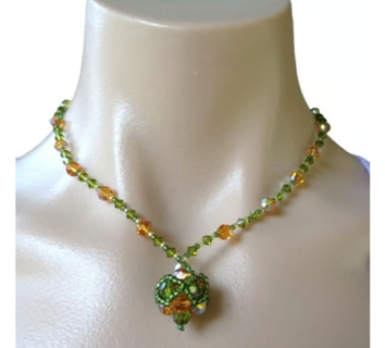 Green Orange Sparkly Crystal? Bead Short Necklace Ball Shaped Pendant Cocktail