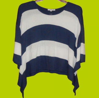 Navy Blue White Stripe Crop Shirt Top Longer Sides 3/4 Sleeves Size S Small Oversized