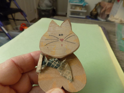 3 inch tall wooden hand made cut out cat hand painted face, green ribbon