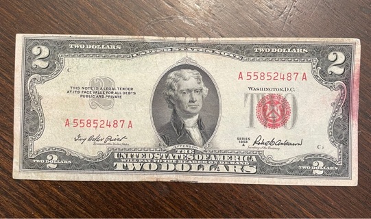 1953 A Series RED SEAL $2 Dollar Bill About Uncirculated 