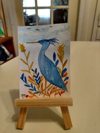 Original, Watercolor Painting 2-1/2"X 3/1/2" Whimsical Blue Heron by Artist Marykay Bond