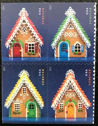 8 stamps ,,2013 #4817-20 - Forever - GINGERBREAD HOUSES -doublesided Block of 4 (8 total stamps) MNH