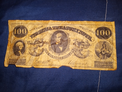 Virginia  Treasury Note Oct.15th 1862 $100