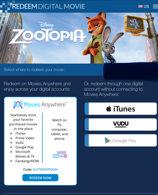 Disney Zootopia HD Digital Movie Code