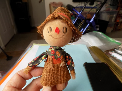 6inch tall scarecrow in burlap hat with orange stripe, flowered shirt, burlap outfit