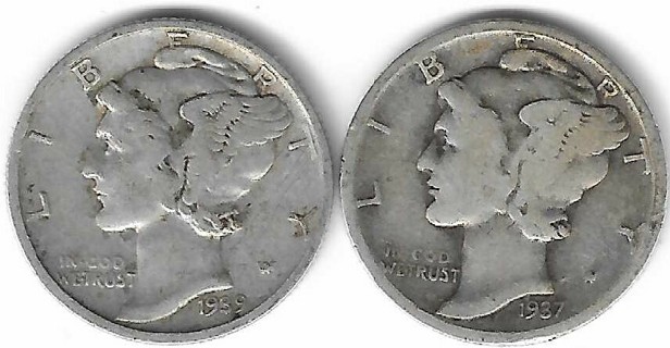 1939-D and 1937-D Mercury Dimes 90% Silver U.S. 10 Cent Coins