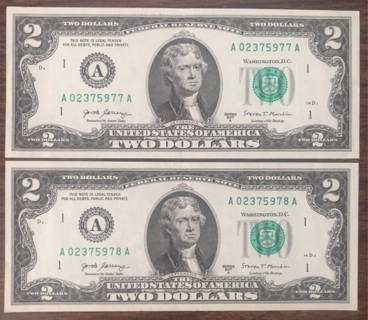 2 Consecutive $2 bills