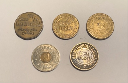 5 Different Vintage Nickel-Sized Tokens