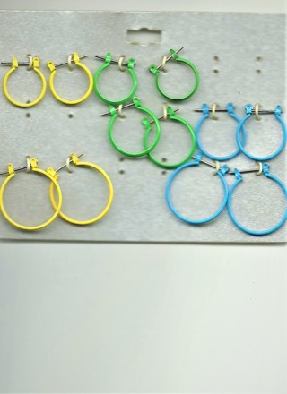 6 New pairs colorful hoop earrings Blue, Yellow, Green