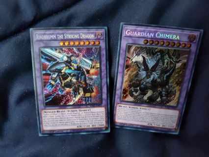 2 Secret Rare Holo Yugioh Fusion Cards Guardian Chimera and Rindbrumm the striking dragon