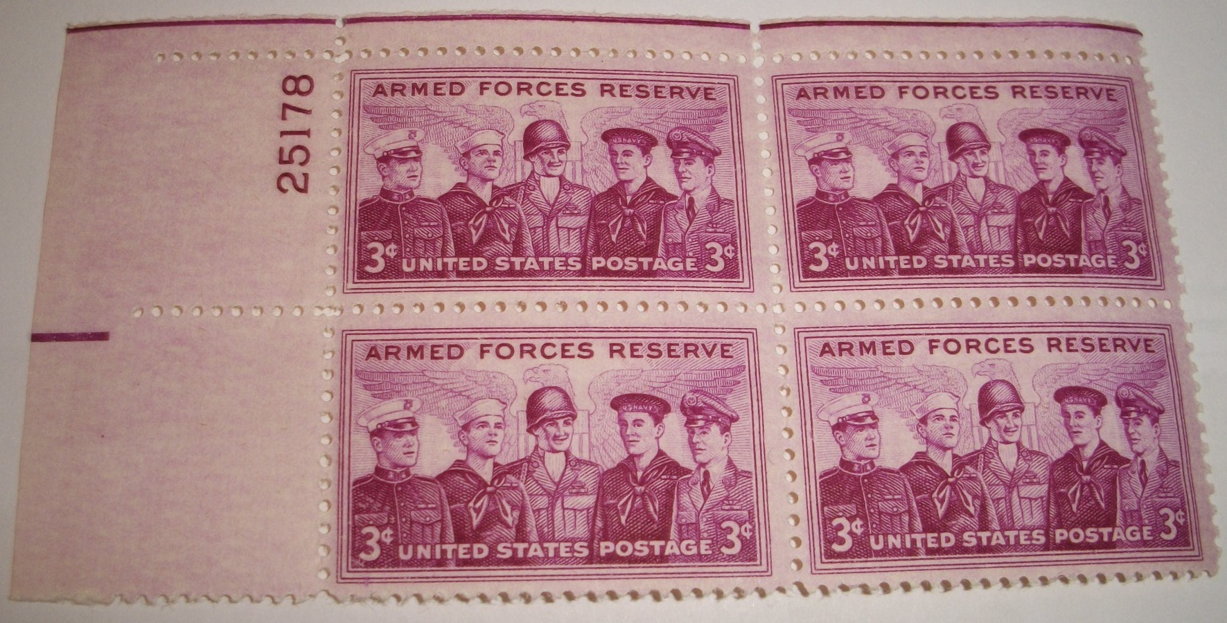 Free: Scott #1067, Armed Forces Reserves, Pane of 4 Useable 3¢ US Postage Stamps. Has Gum.