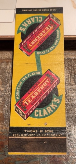 Vintage 1930’s Clark’s Teaberry Gum Matchbook Cover