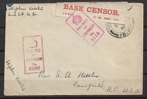 1918 WWI Soldier's Field post cover with censor marking & tape