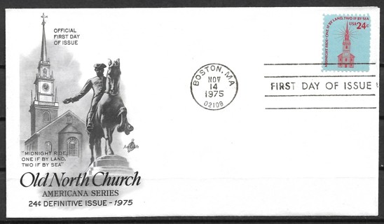 1975 Sc1603 Americana Series: 24¢ Old North C FDChurch