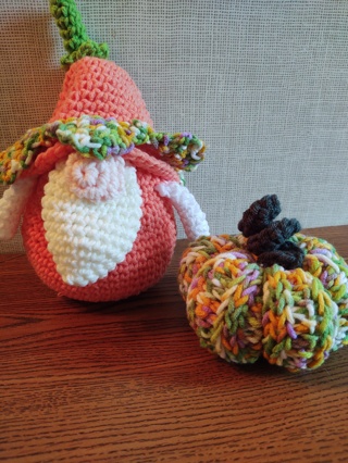 Hand Crocheted Gnome and Pumpkin 