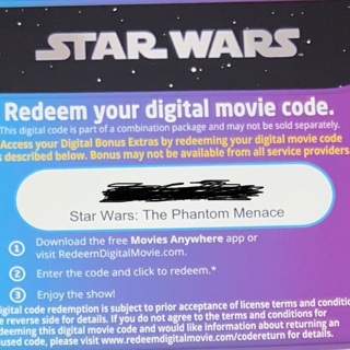 Star Wars the phantom menace digital code 
