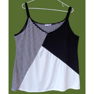 Black White Stripe Color Block Tank Top Sz 18 VNeck Silky Polyester Stretch