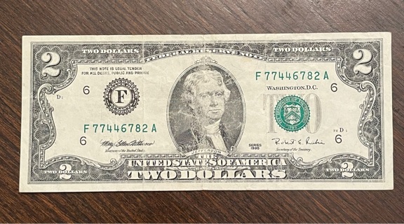 1995 Series $2 Dollar Bill Circulated Condition 