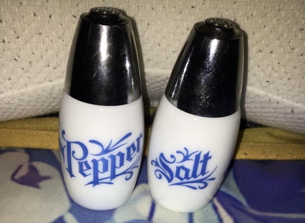 ~white and blue salt and pepper shakes~