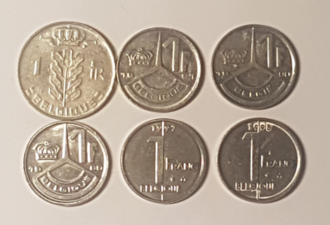 6 Coin Belgium 1 Franc 1977 1989 1990 1991 1995 1997