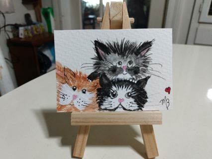 ACEO Original, Watercolor Painting 2-1/2"X 3/1/2" Three Kittens by Artist Marykay Bond