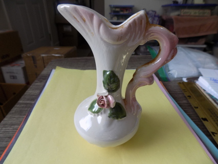 6 inch tall vintage pitcher shape vase 3D pink roses fancy handle & spout