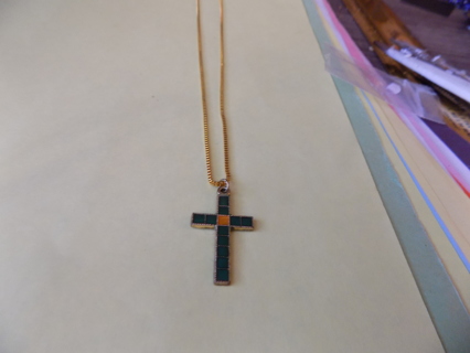 Green enameled cross necklace on goldtone chain