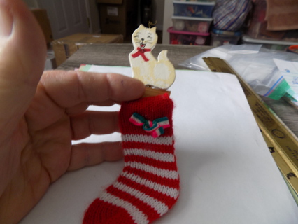 Vintage 6 inch tall wood white cat popping out of red & white stripe knitted stocking