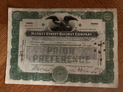 Market Street Railway stock certificate 1922 owned San Francisco cable cars and streetcars 