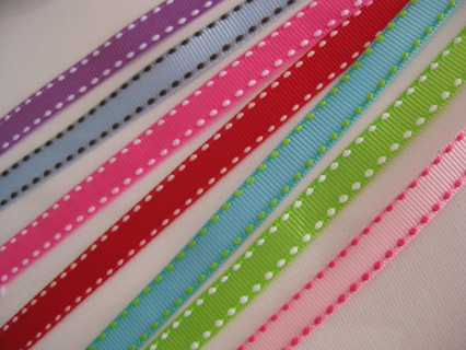 Lot of 7 grosgrain ribbons, diff. colors same design, 3/8" x 20". new out of spool