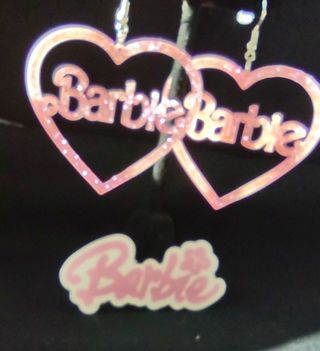 Large 2 inch glitter pink Barbie earrings and laptop, water bottle , sticker