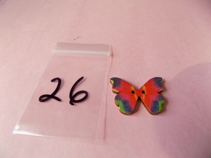 Wood butterflly button # 26 pink, purple, green