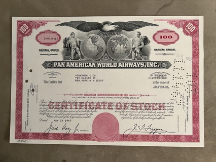 Pan American PanAm World Airways stock certificate 1967