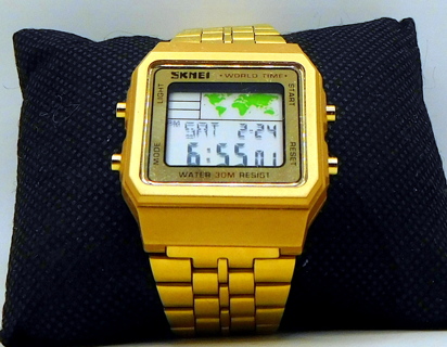 Retro Style Digital Goldtone Stainless Steel Watch Backlit Multifunction 