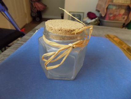 Six sided clear glass corked jar 3 inch tall with raffia ribbon around  # 2