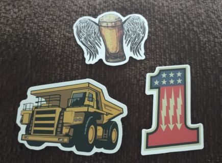 Three laptop computer stickers truck number one USA flag beer with angel wings hard hat toolbox