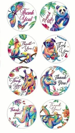 ➡️⭕(8) 1" WATERCOLOR ANIMAL THANK YOU STICKERS!!