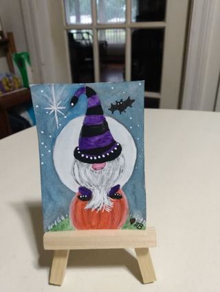 ACEO Original, Watercolor Painting 2-1/2"X 3/1/2" Napping Gnome by Artist Marykay Bond