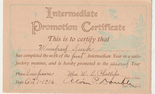 Vintage Used Postcard: y: 1916 Intermediate Promotion Certificate