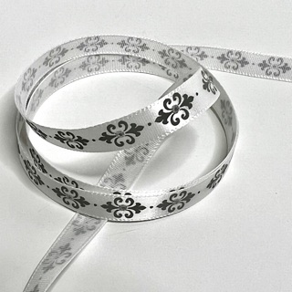 White Satin Ribbon with Silver Embellishment & Gem 3/8” 