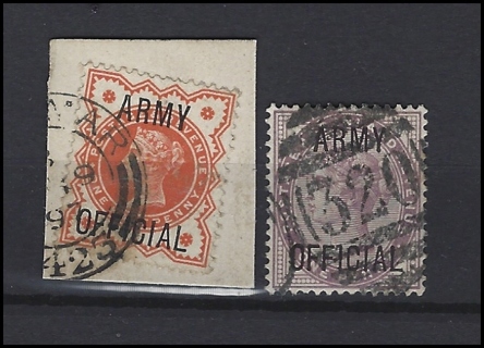 1896 Great Britain Army Official stamps (2), U/VF, Scott #s O54, O55