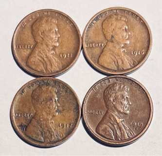 4 Different 19-Teens Lincoln Wheat Pennies 