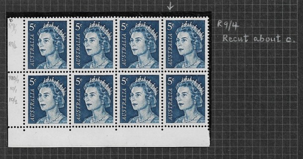 1967 Australia 399 5¢ Queen Elizabeth MNH block of 8 with flaw